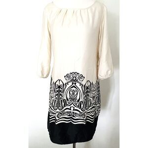 Mossimo Cream Black Satin Feel Drawstring 3/4 Sleeve Lightweight Dress Sz S